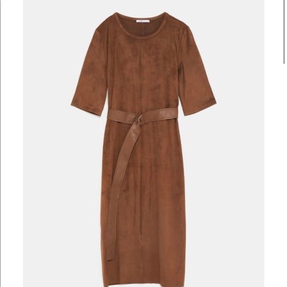 Zara Faux Suede Dress Brown with faux leather belt